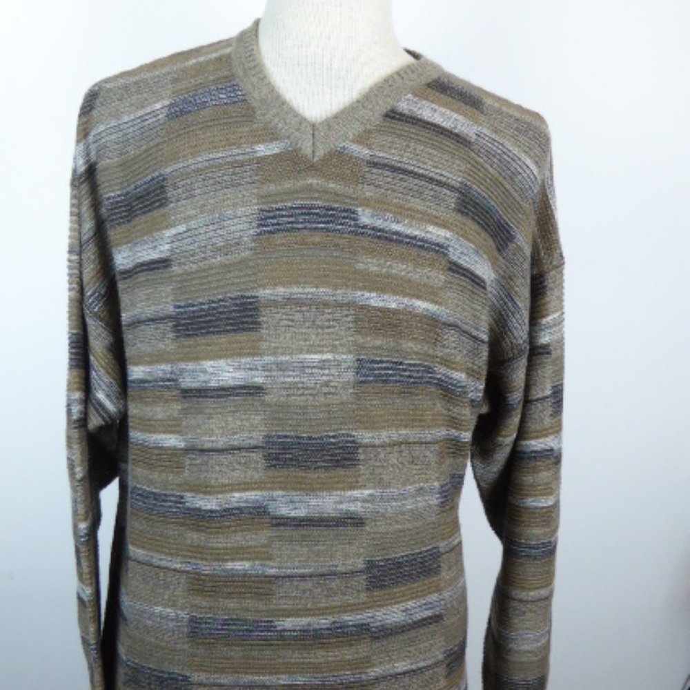 JOSEPH & LYMAN bloomingdales retro v neck print geometric cotton SWEATER brown L